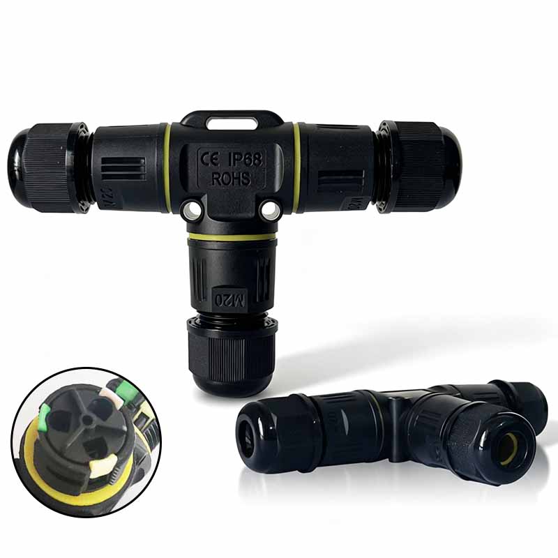 Outdoor Power Wire - IP68 Waterproof T-Type Cable Connector 3-Way